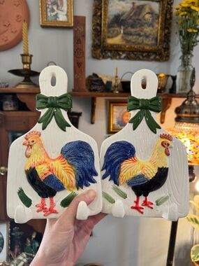 Vintage Cottage Core Hanging Ceramic Rooster with Bow Detail Trivet Set